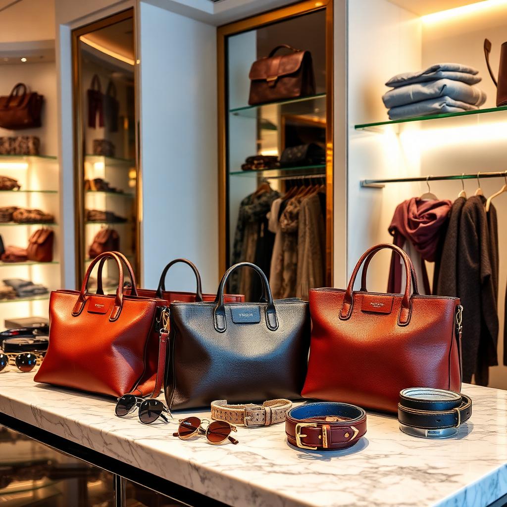 Leather handbags, sunglasses and belts on a marble counter