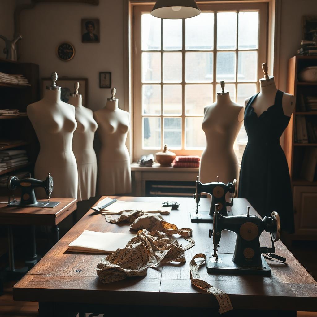 Tailor atelier with mannequins, sewing machines and pattern paper