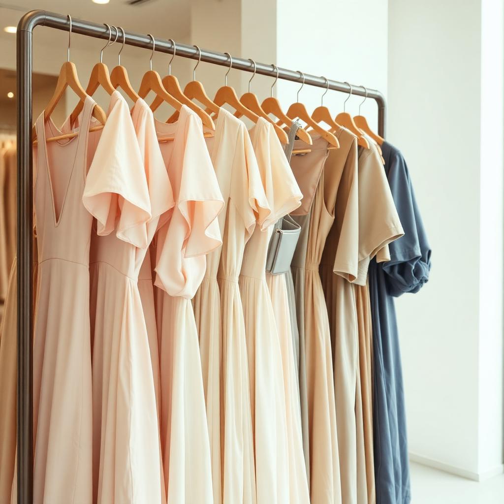 Rack of pastel dresses on wooden hangers