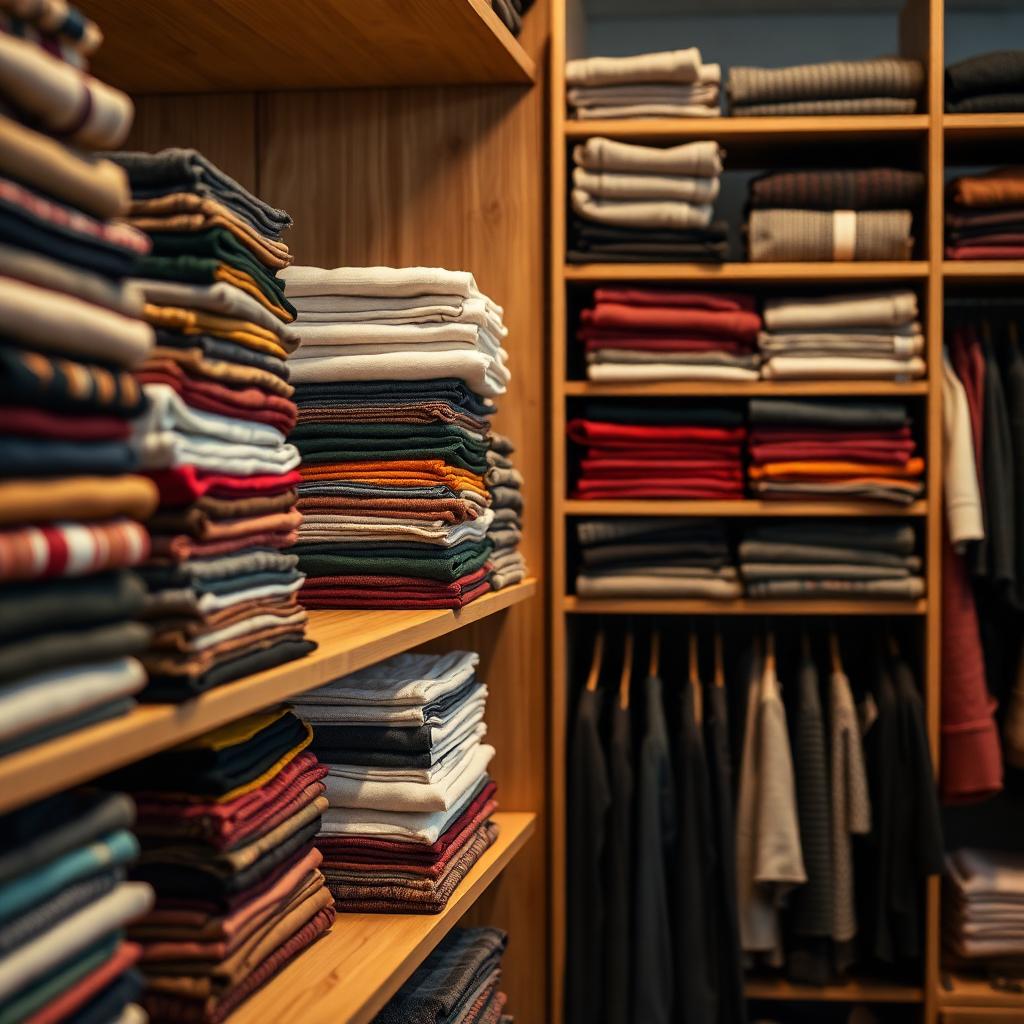 Folded knitwear in many colors on wooden retail shelves