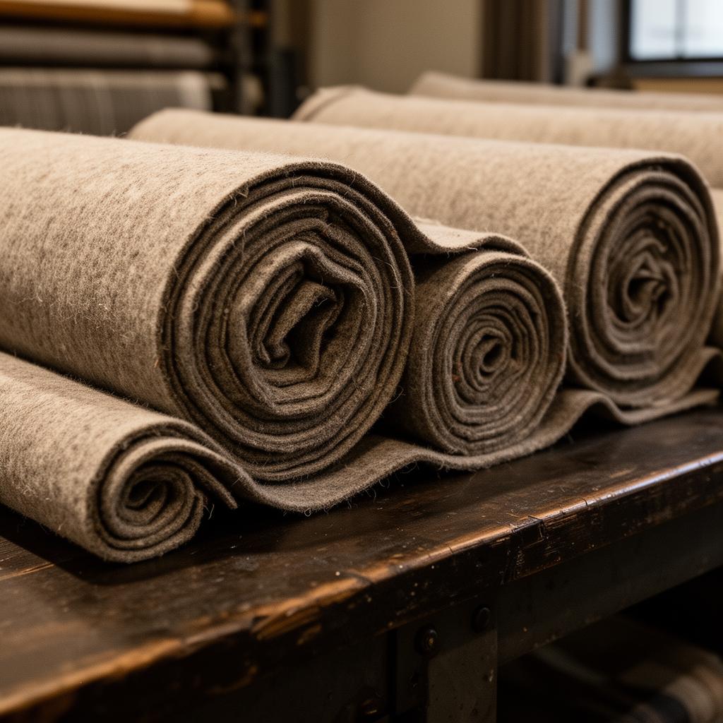 Heavy rolled wool fabric bolts on a dark wooden table