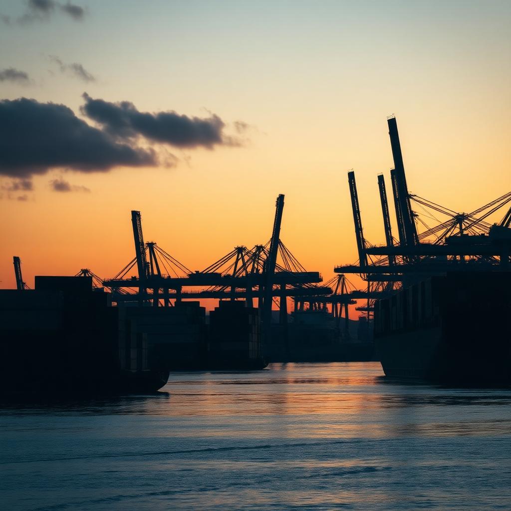 Cargo cranes silhouetted at a port at dusk