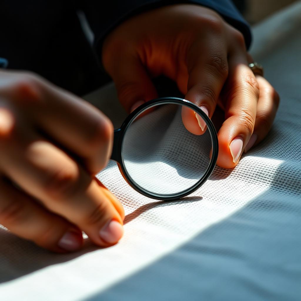 Hands inspecting fabric weave through a loupe