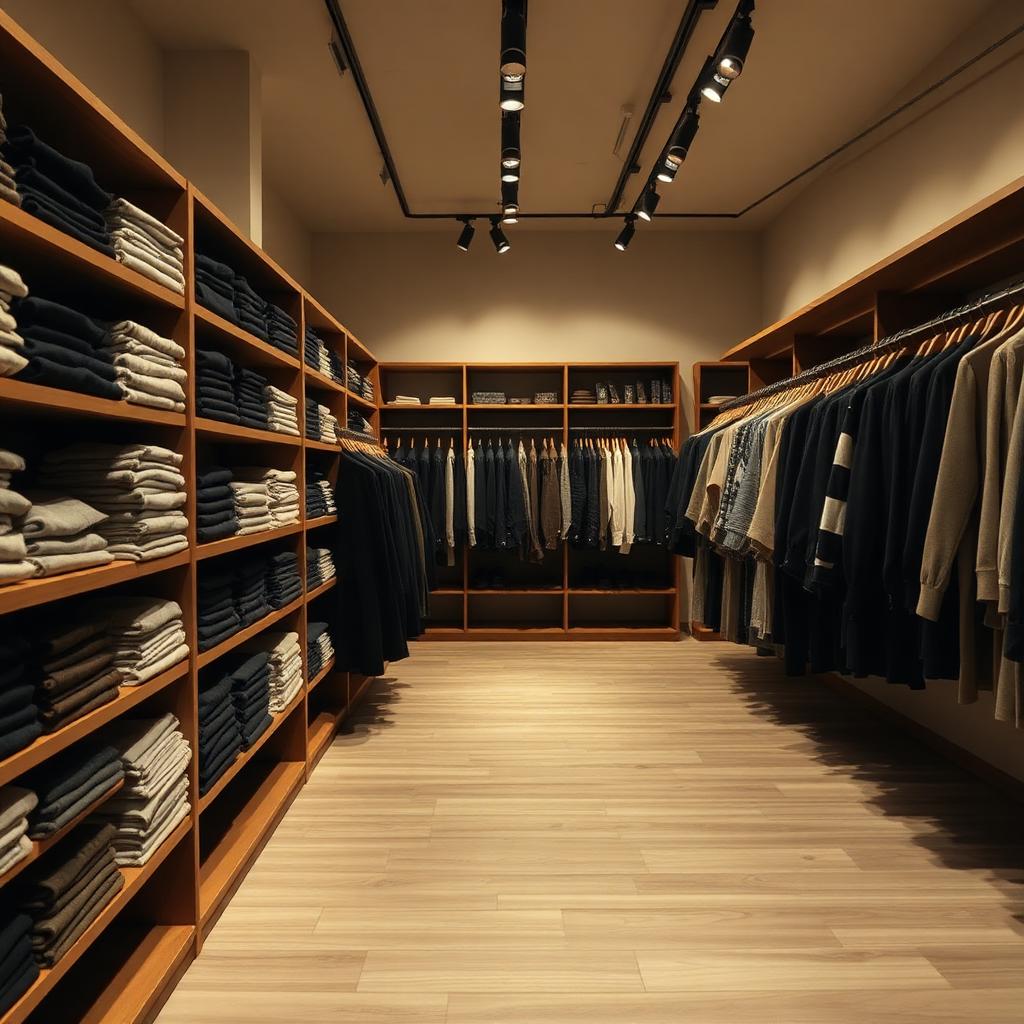 Wooden shelves and rails of folded knitwear and hanging garments in a BZT Textiles showroom