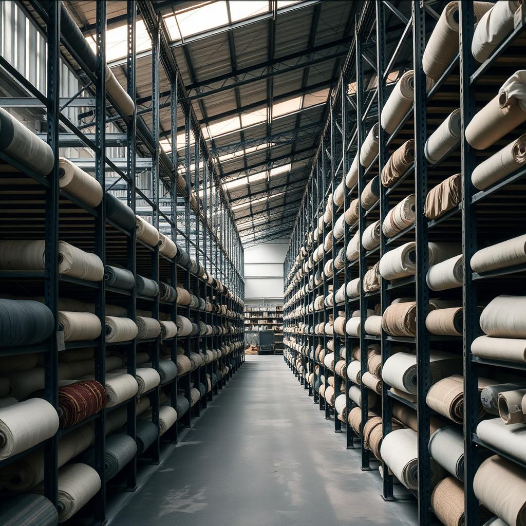Tall industrial racks holding hundreds of fabric rolls